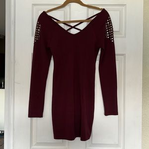 Cotton Candy maroon long sleeve cotton dress with rhinestones and cross back